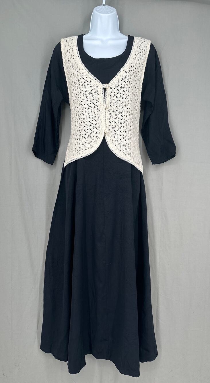 90s Vintage Dress Medium Black Maxi Crochet Cottage Prairie Whimsigoth Boho
